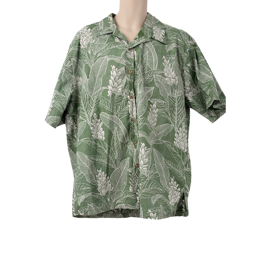 Cooke Street Honolulu Mens Green White Tropical Ginger Flower Cotton Shirt 2XL